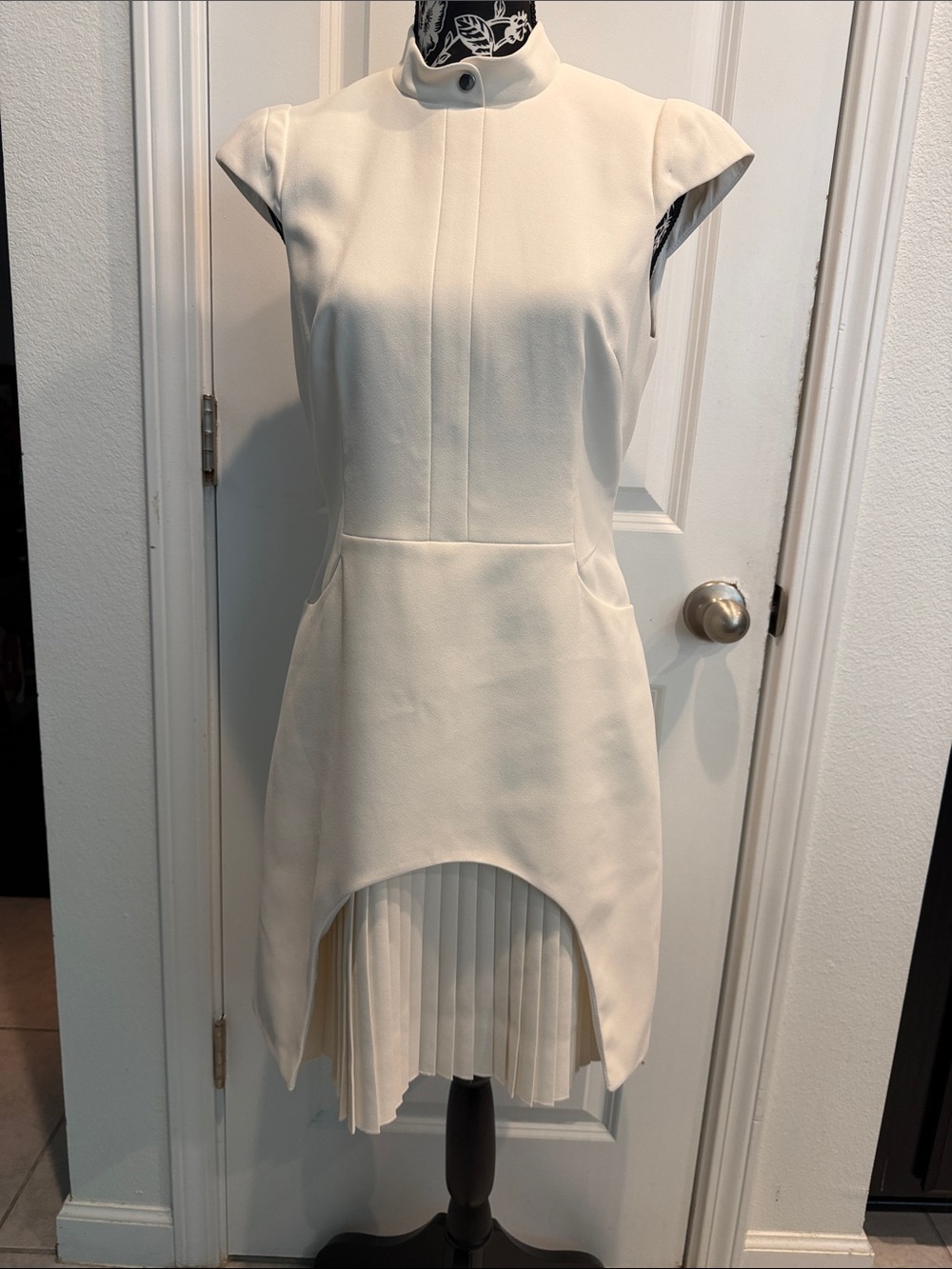 Karen Millen - Cream Pleated Hem Dress with Mandarin Collar